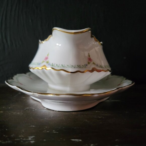 Pope Gosser Gravy Boat w/ Attached Underplate Gold Trim Pink Flower Green Swag - Picture 4 of 12